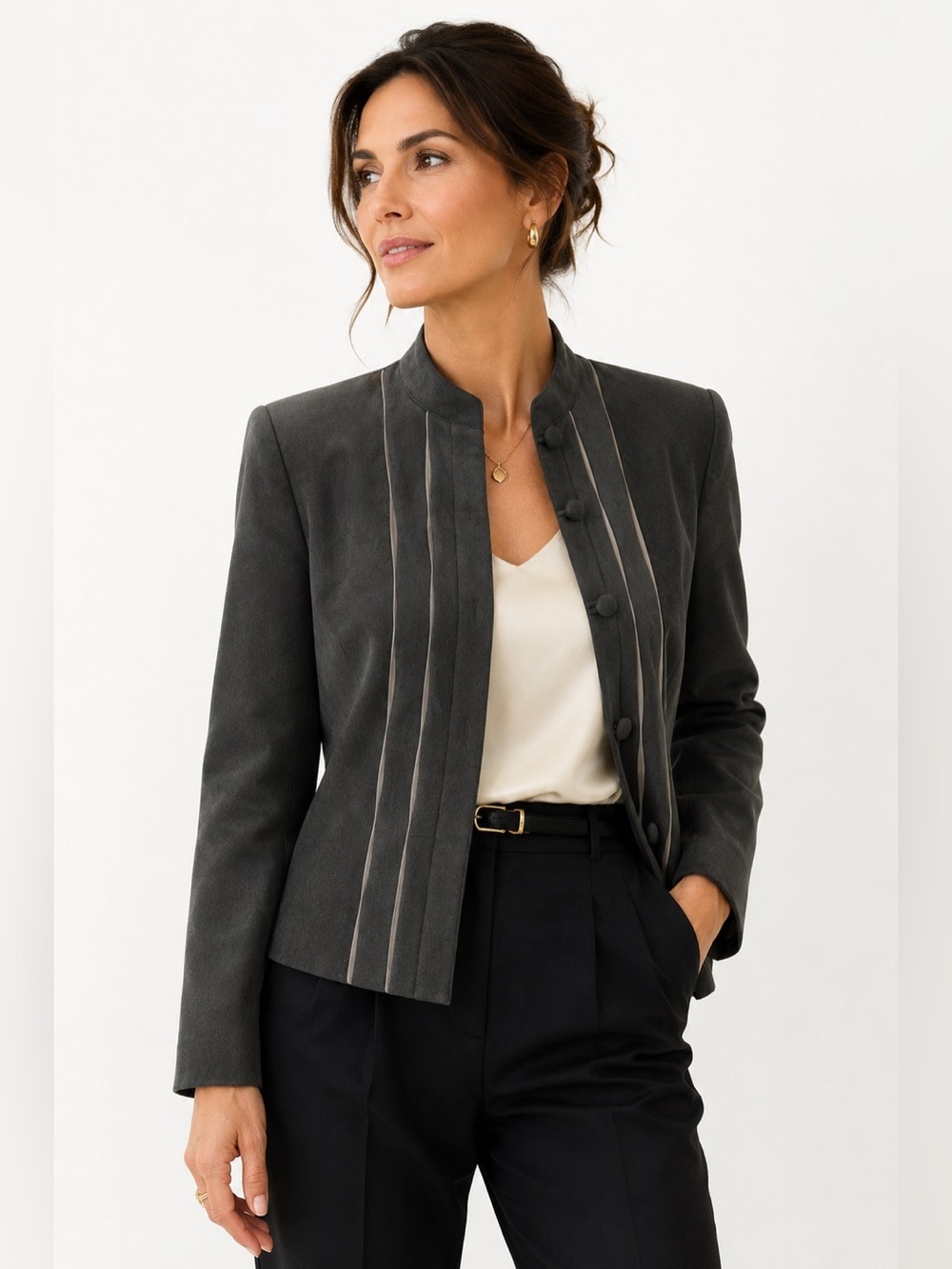 Vintage Gray Faux Suede Jacket Womens M Stand Collar Minimalist Career